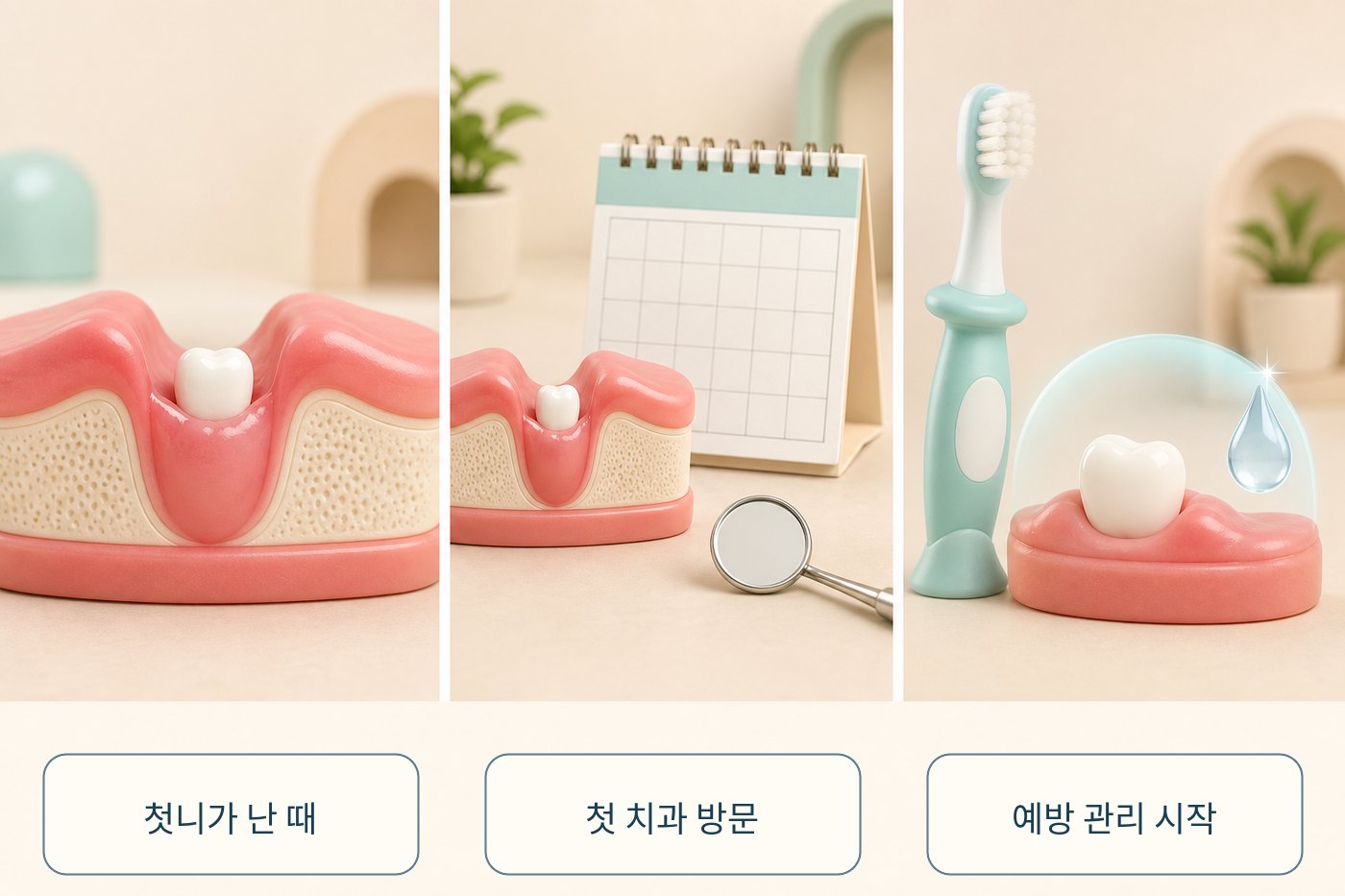 첫니가 나온 교육용 잇몸 모형과 달력, 작은 칫솔로 예방 관리 시작을 보여 주는 그림