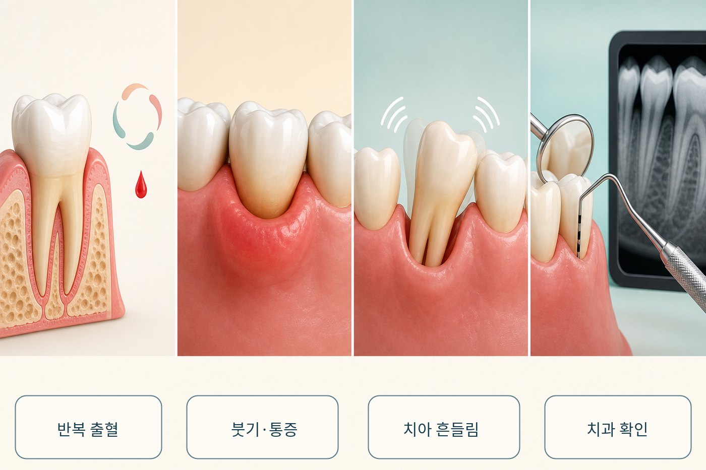 반복 출혈과 잇몸 붓기, 치아 흔들림, 상담 경계를 나타낸 일러스트