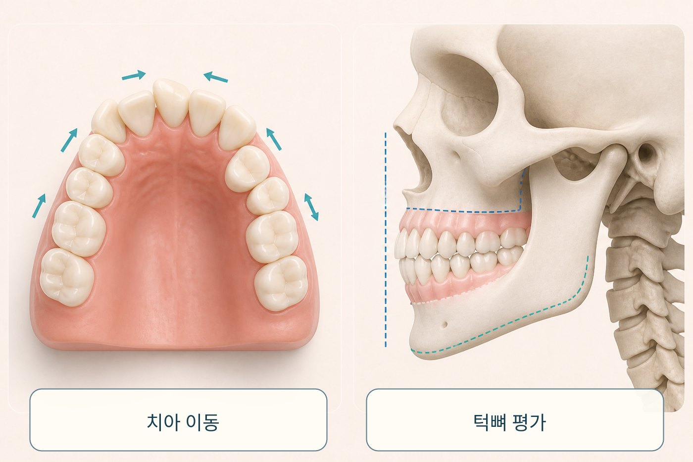 치아 배열 문제와 턱뼈 위치 문제를 두 갈래로 나눈 교정 목표 그림