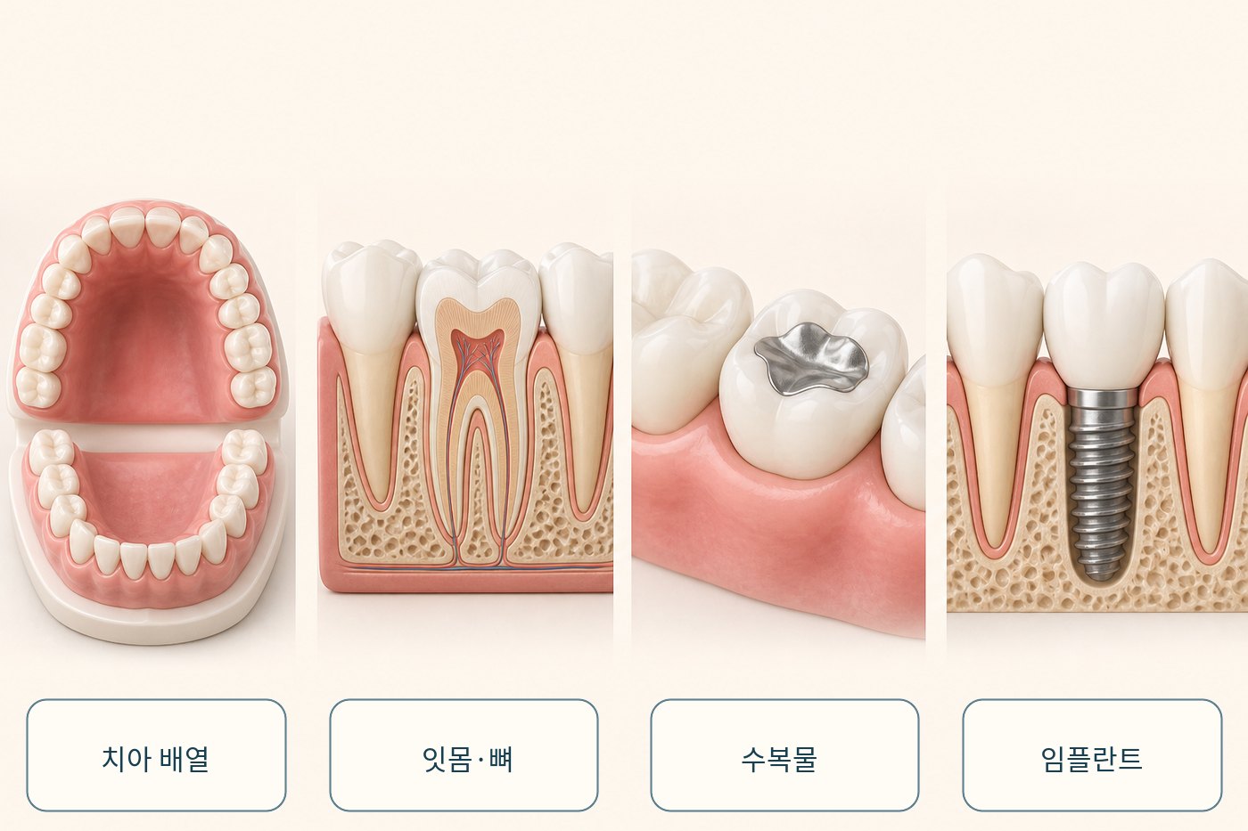 치아 배열과 잇몸뼈, 수복물, 임플란트를 함께 표시한 성인 교정 사전 점검 그림