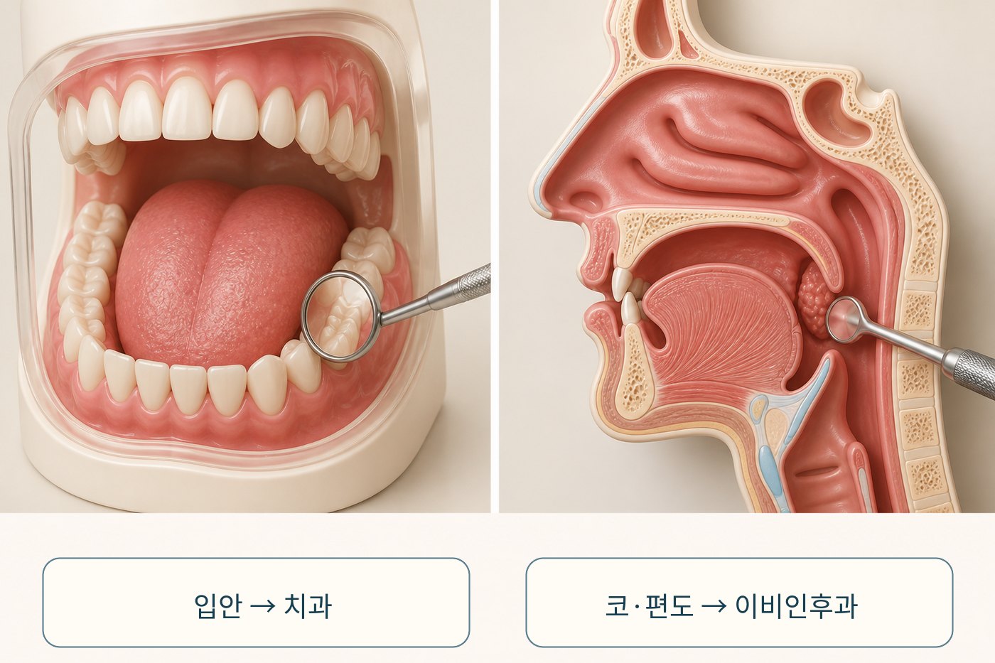 입안 원인은 치과로, 코와 편도 증상은 이비인후과로 나누는 진료 경로 그림