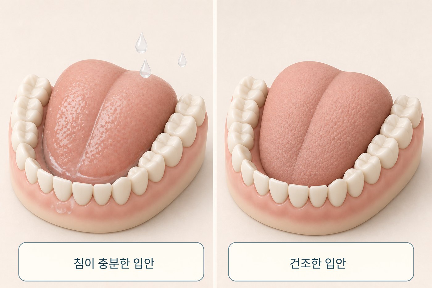 충분한 침이 흐르는 입안과 건조해진 입안을 비교한 구강건조 그림