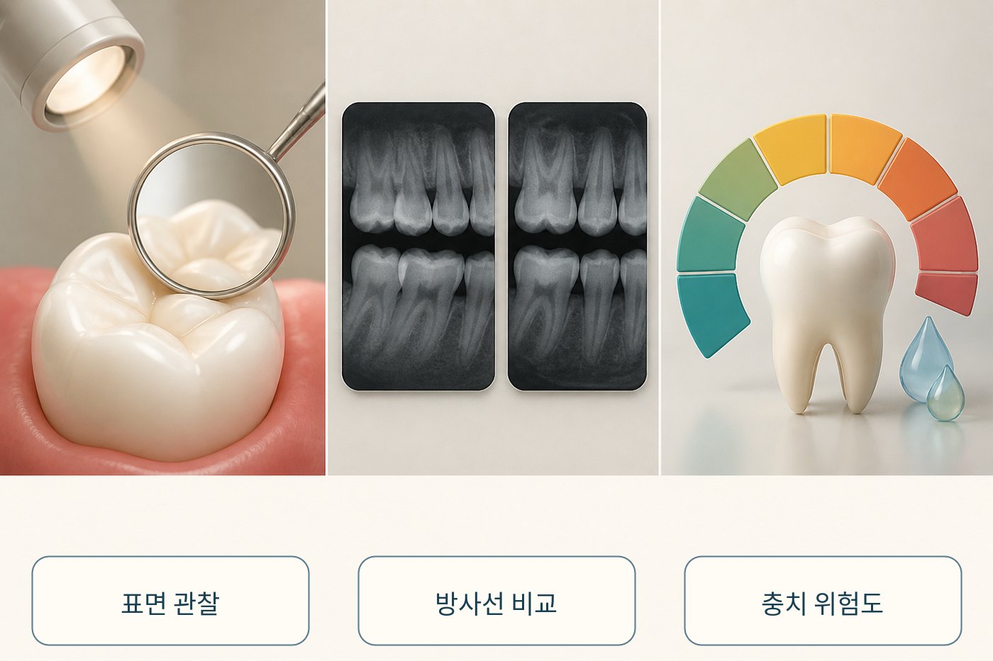 치아 표면 관찰과 방사선 비교, 위험도 게이지를 함께 배치한 초기 충치 평가 그림