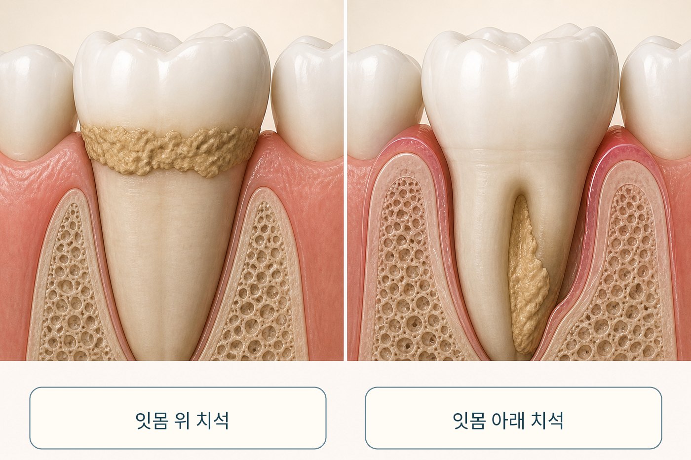 잇몸 위 스케일링과 잇몸 아래 깊은 치료 범위를 단면으로 비교한 그림