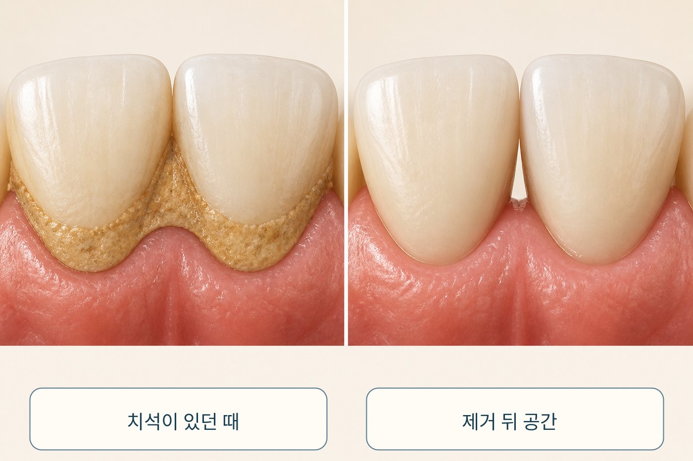 치아 사이를 덮은 치석이 제거된 뒤 원래 공간이 드러나는 과정을 비교한 그림