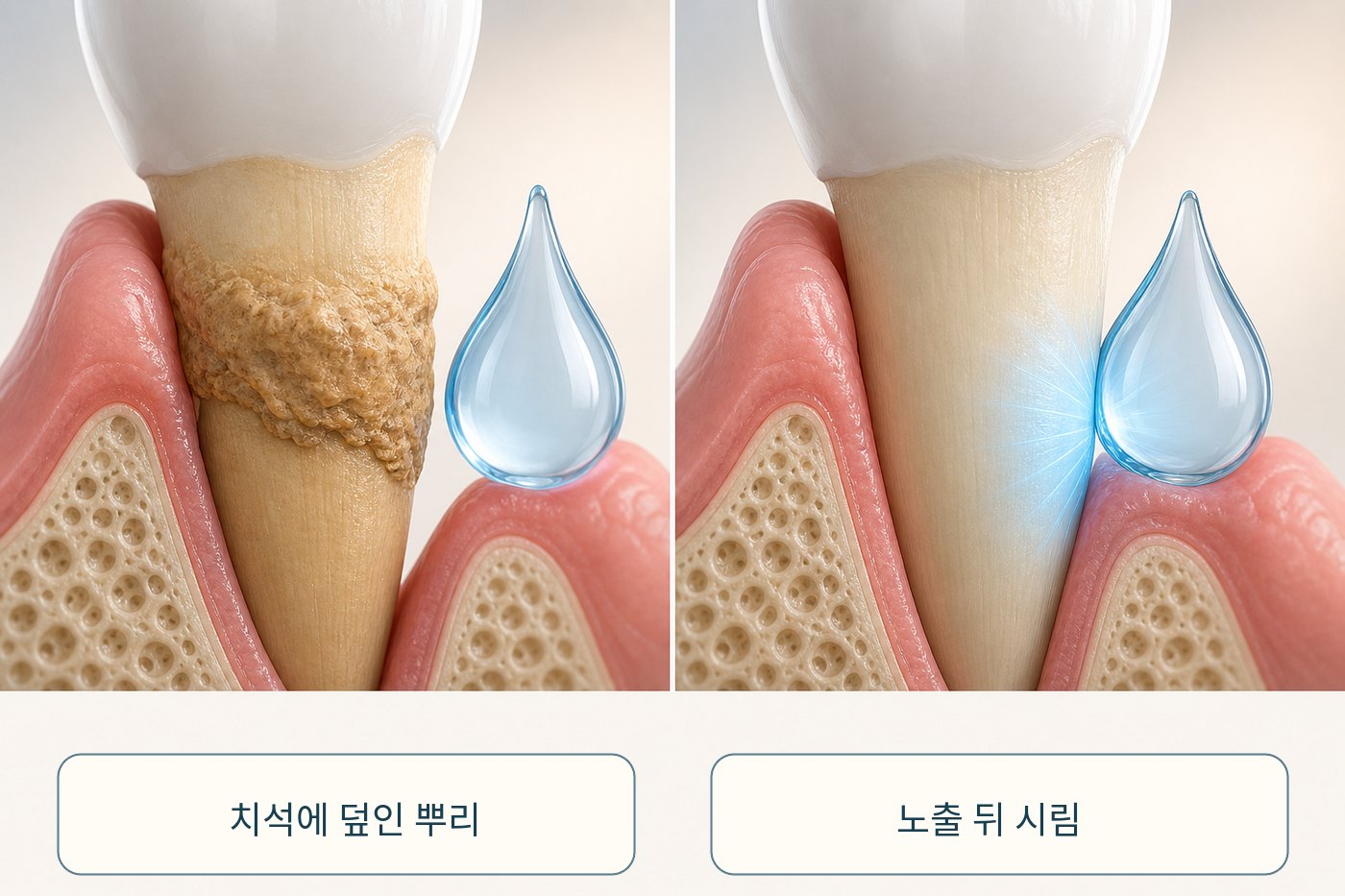 치석에 덮였던 치아 뿌리 면이 드러나 온도 자극에 반응하는 과정을 나타낸 그림