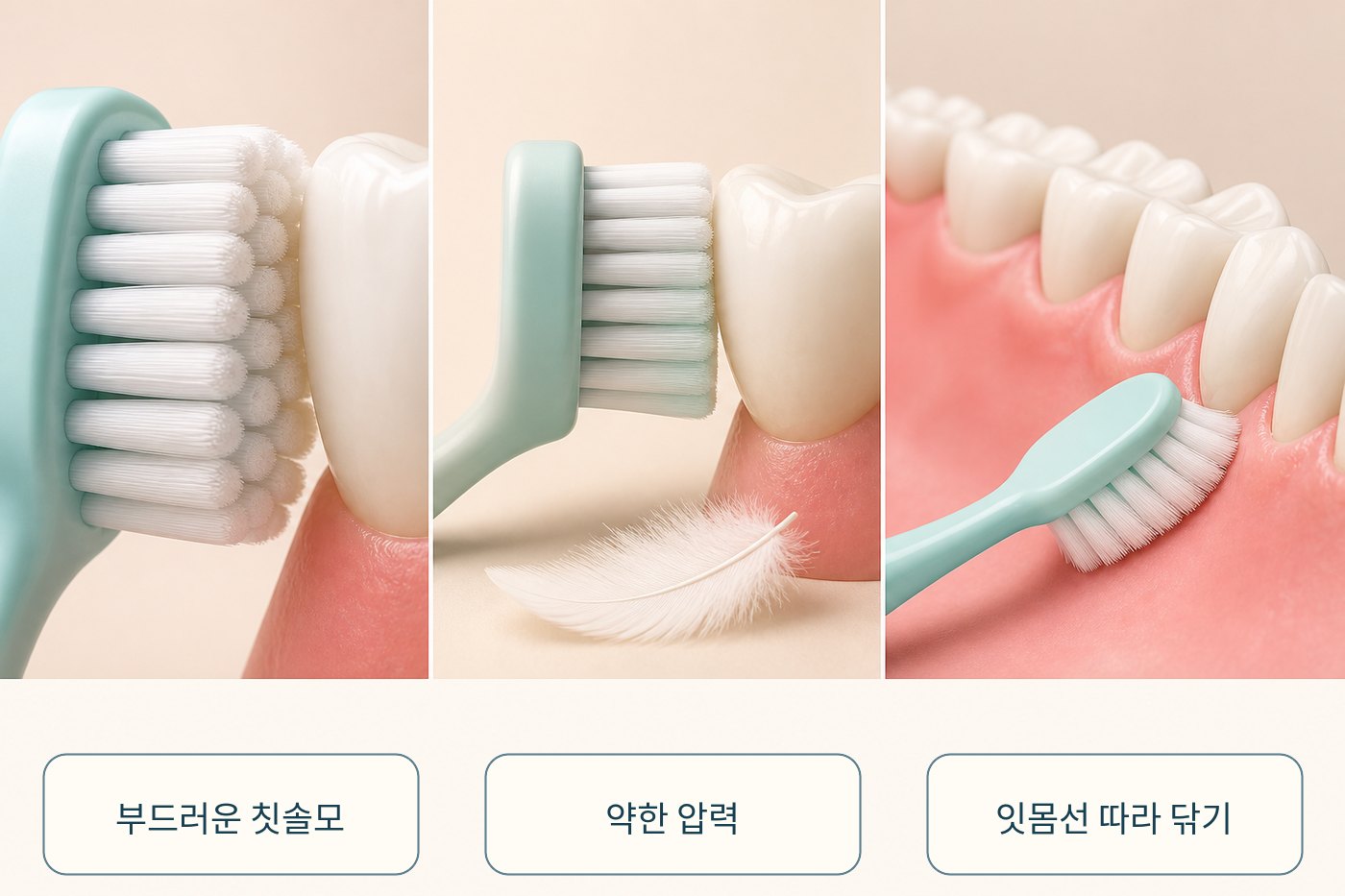 부드러운 칫솔모와 약한 압력으로 잇몸선을 닦는 그림