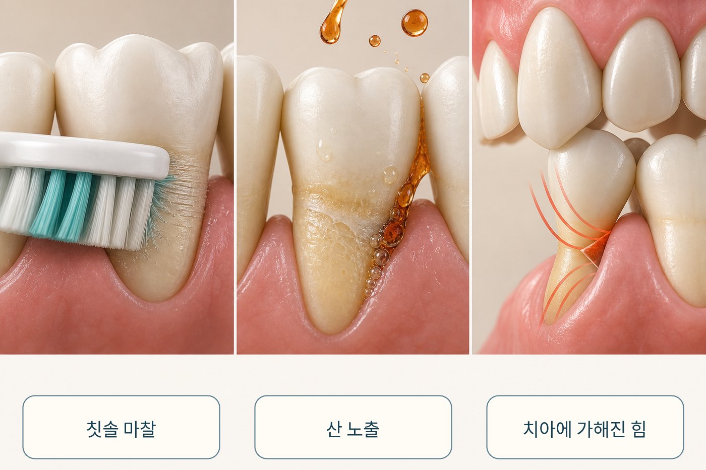 치아 목 부분 패임에 영향을 주는 칫솔 마찰과 산, 치아 접촉을 나눈 그림