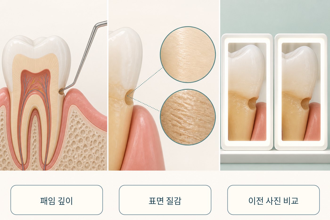 치아 패임의 깊이와 표면, 이전 사진을 비교하는 검사 그림