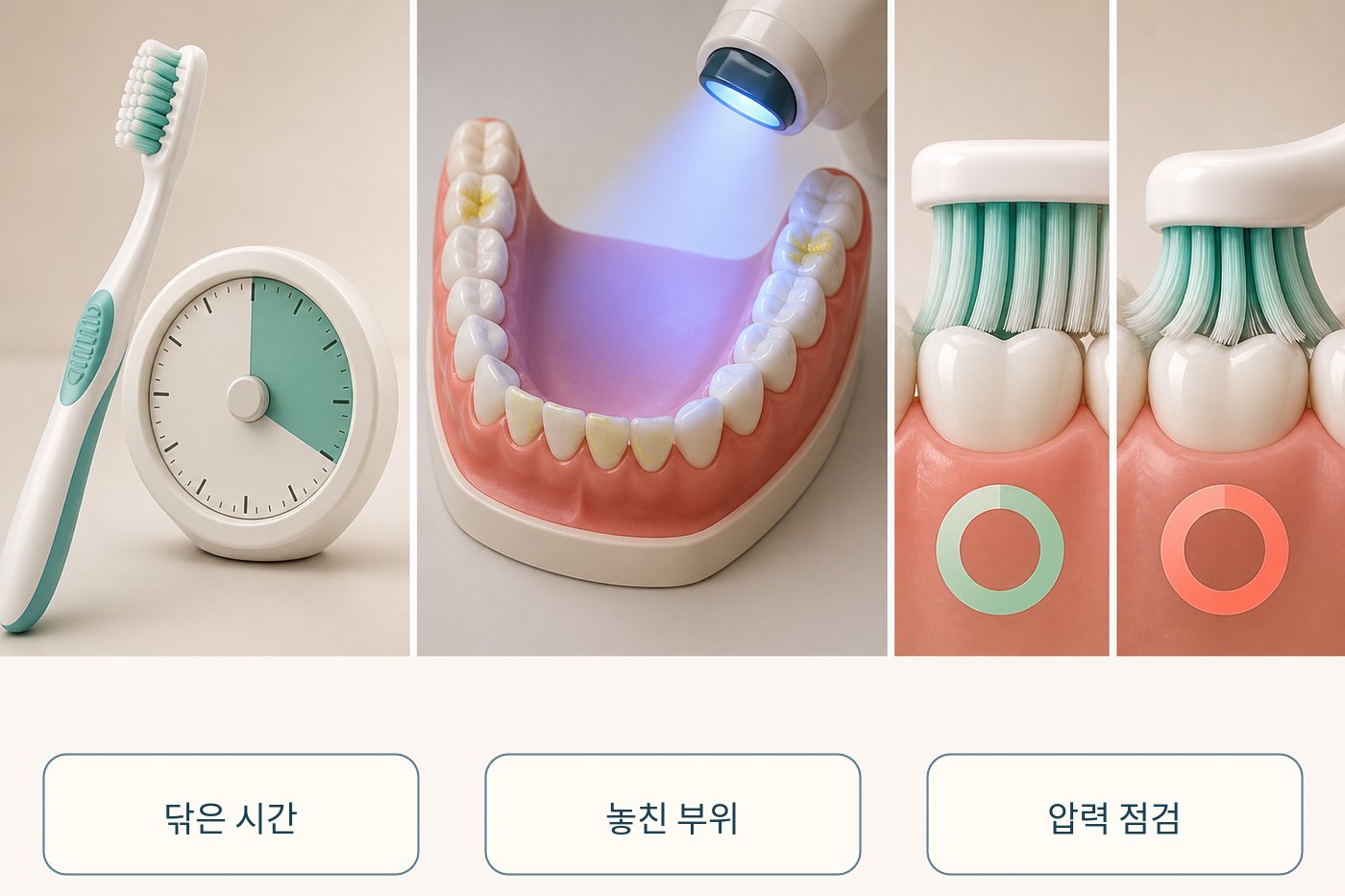 일주일 동안 칫솔질 시간과 놓친 부위, 압력을 기록하는 그림