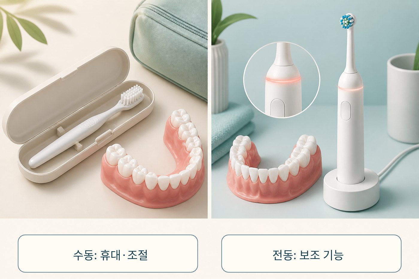 수동칫솔의 휴대성과 전동칫솔의 보조 기능을 비교한 그림