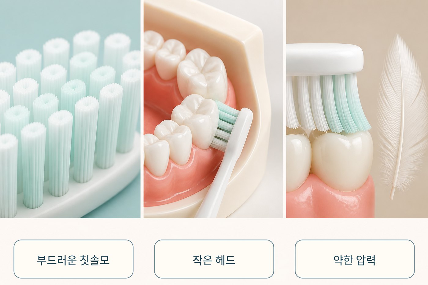 부드러운 칫솔모와 작은 헤드, 약한 압력의 공통 선택 기준을 나타낸 그림