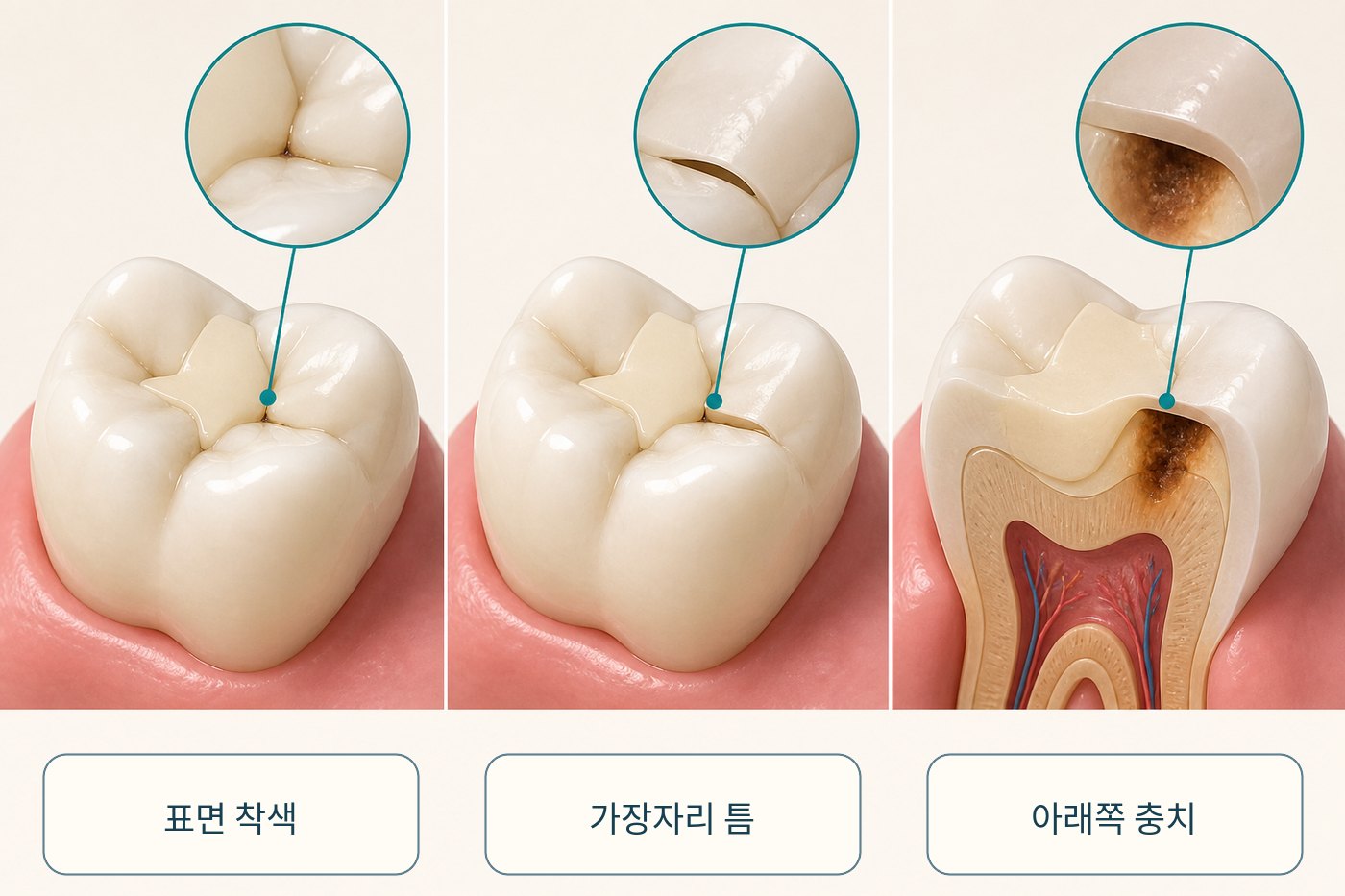충전재 가장자리의 착색과 틈, 아래 충치를 서로 구분한 그림