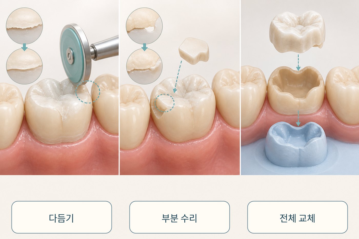 충전재를 다듬는 방법과 부분 수리, 전체 교체 범위를 비교한 그림