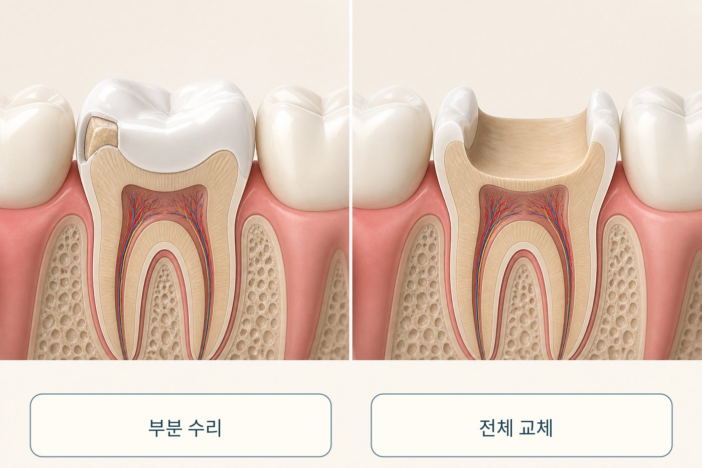 전체 교체 때 남은 치아 삭제 범위가 커질 수 있음을 나타낸 단면 그림