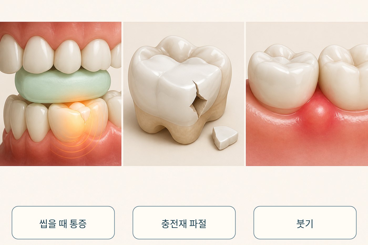 씹을 때 통증과 충전재 파절, 붓기를 확인 신호로 표시한 그림
