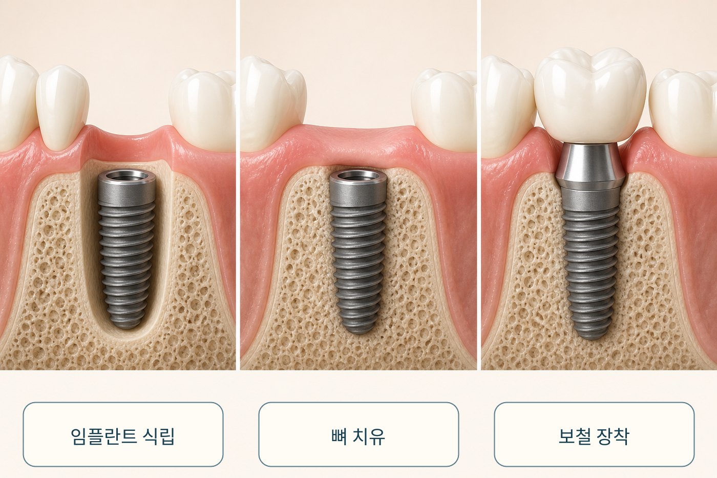 임플란트 식립과 뼈 치유, 보철 장착을 시간순으로 나눈 그림