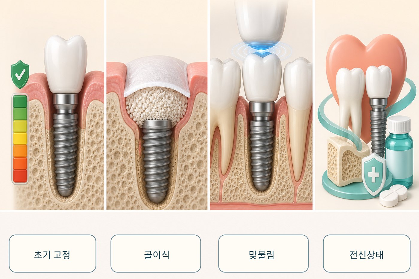 초기 고정과 골이식, 맞물림, 전신상태가 보철 시점에 영향을 주는 그림