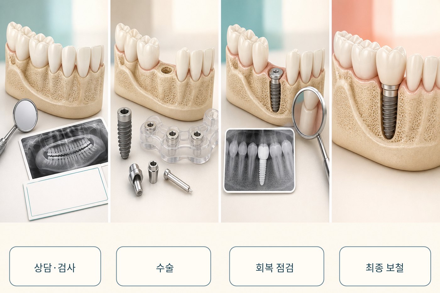 임플란트 상담부터 수술과 점검, 최종 보철까지의 방문 지도를 나타낸 그림