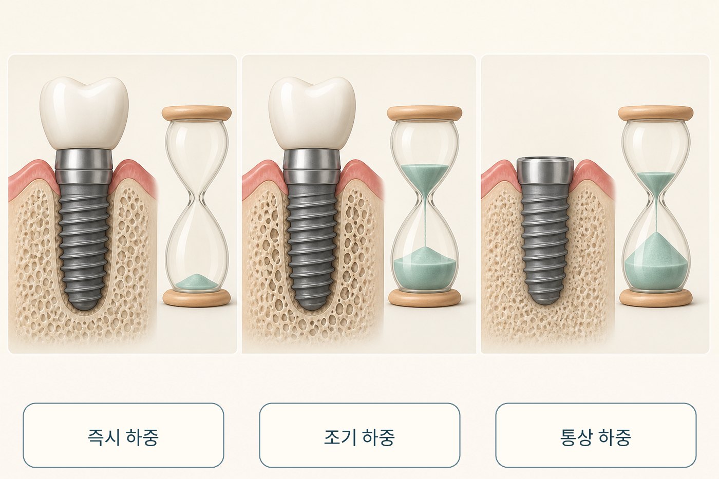 임플란트 즉시 하중과 조기 하중, 통상 하중의 시간 구간을 나타낸 그림
