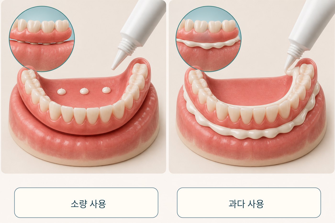틀니 접착제를 소량 사용하는 경우와 과다하게 흘러나오는 경우를 비교한 그림
