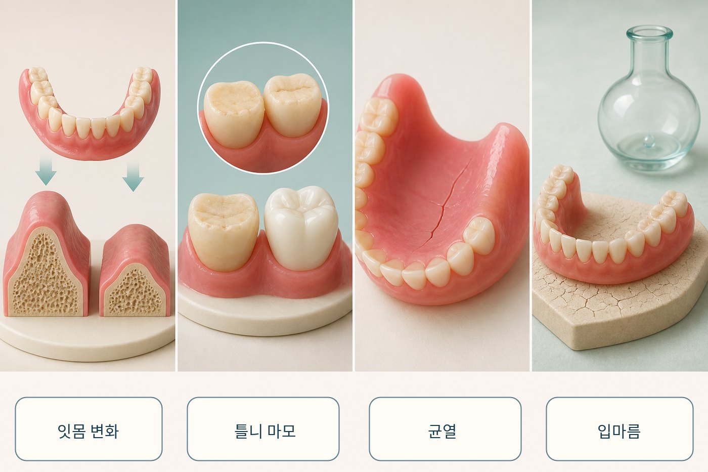 틀니 헐거움의 원인인 잇몸 변화와 마모, 균열, 입마름을 나눈 그림