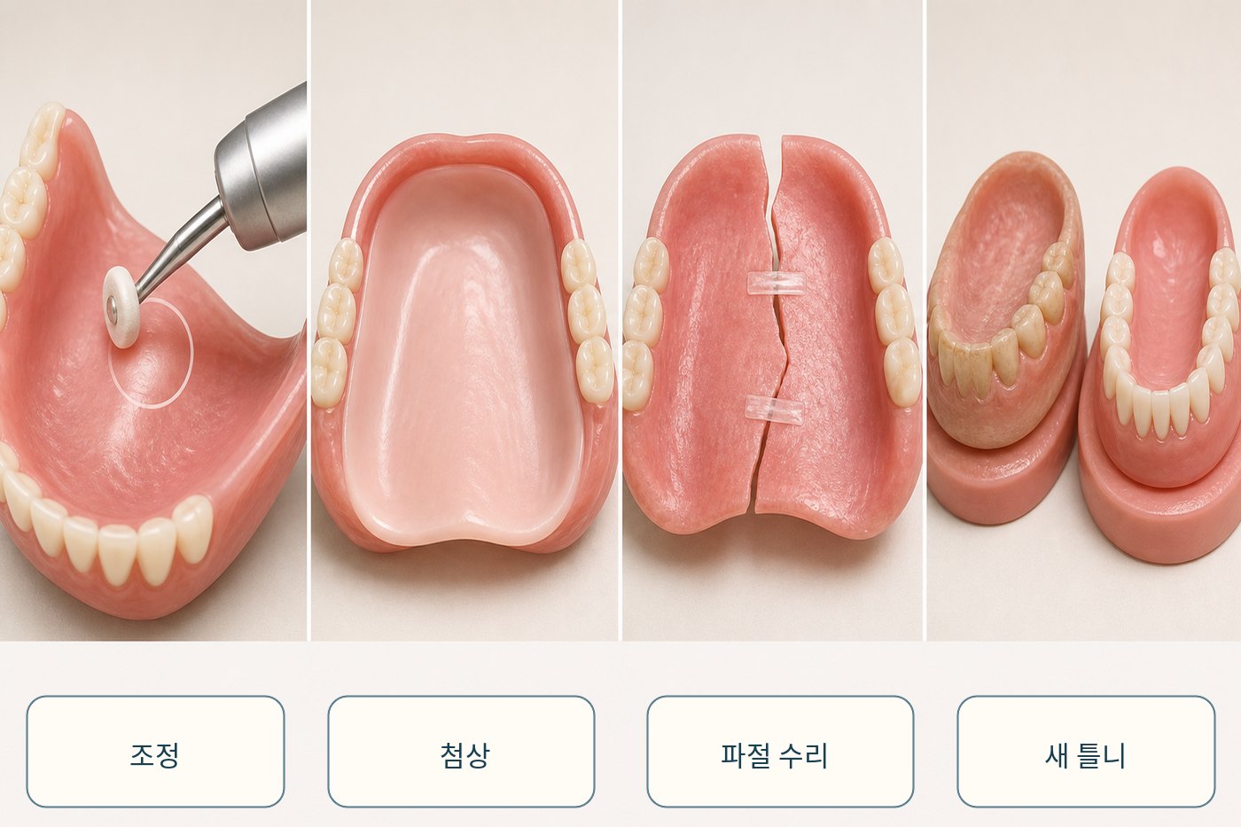 틀니 조정과 안쪽 첨상, 파절 수리, 새 틀니 제작 범위를 비교한 그림