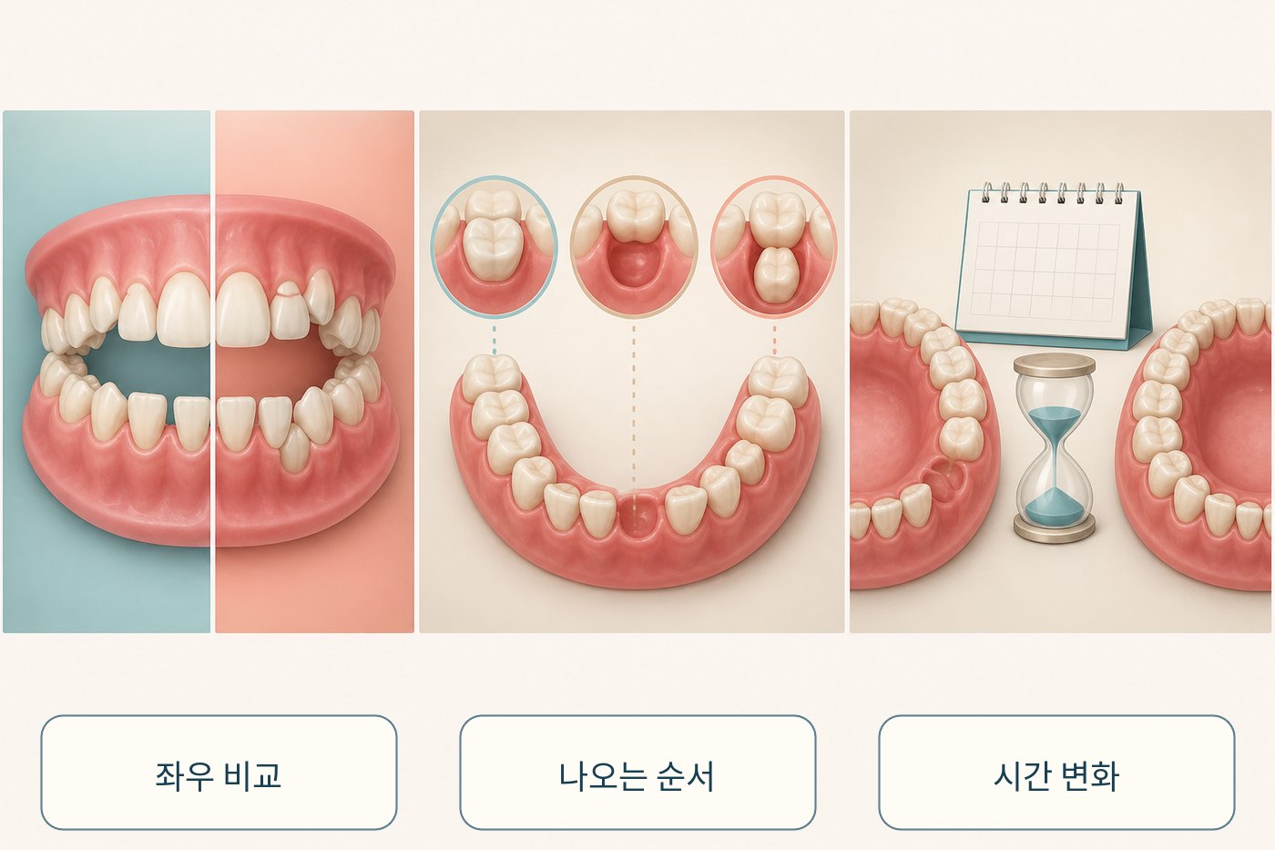 혼합치열에서 좌우 영구치 맹출 순서와 차이를 비교한 그림