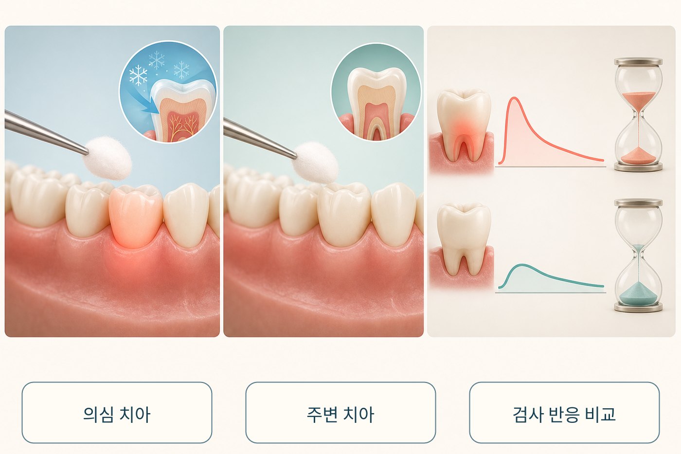 의심 치아와 주변 대조 치아에 냉·타진·교합 검사를 비교하는 그림
