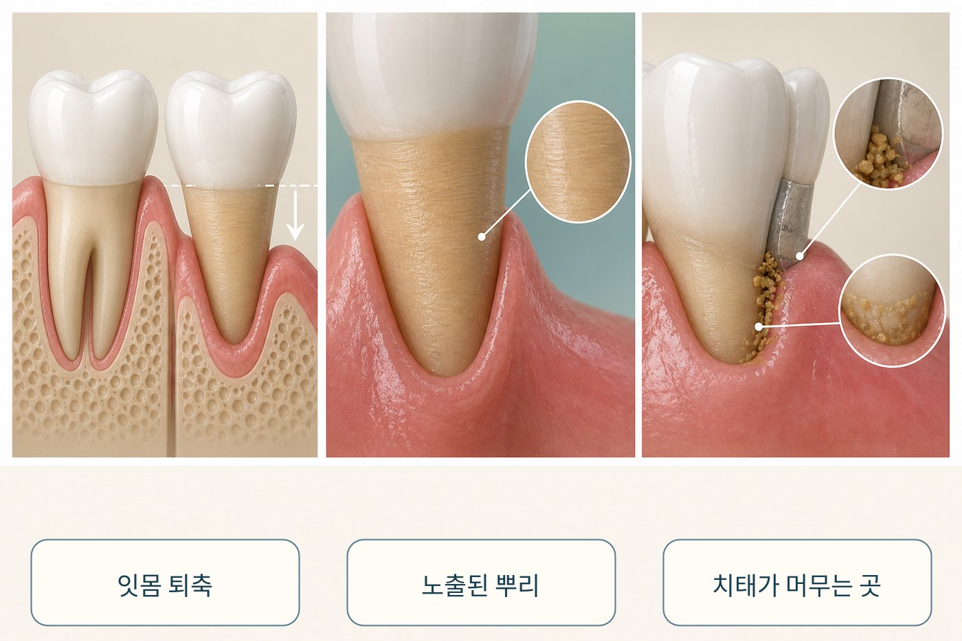 잇몸퇴축으로 노출된 치아 뿌리와 플라크가 닿는 위치를 나타낸 그림