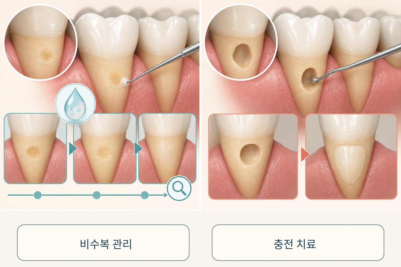 뿌리 충치를 비수복 관리와 충전 치료로 나누는 판단 경계를 나타낸 그림