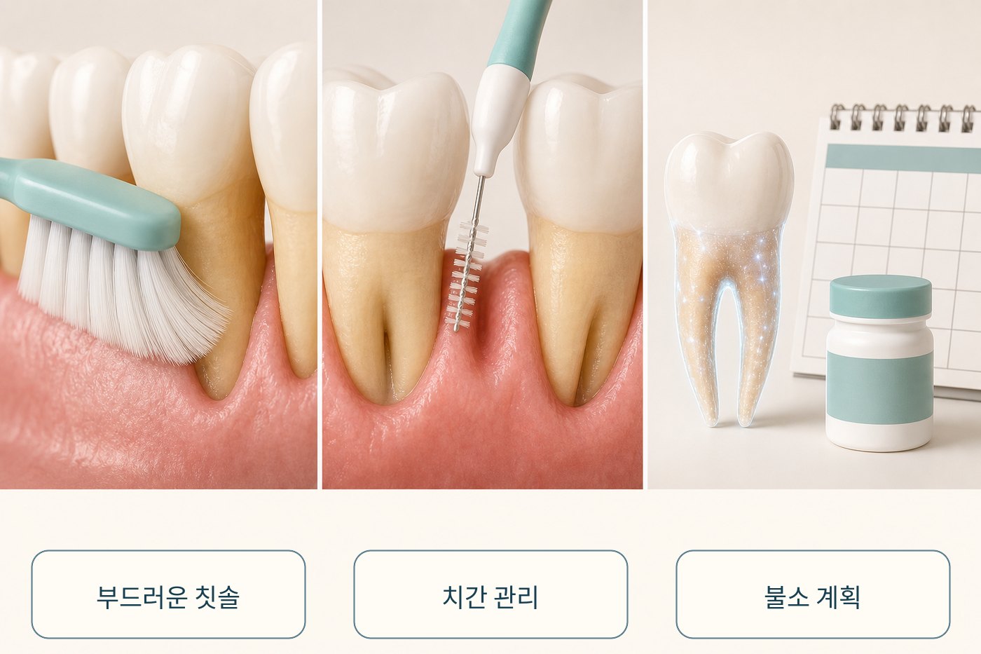 노출된 뿌리의 잇몸선과 치아 사이를 부드럽게 관리하는 그림